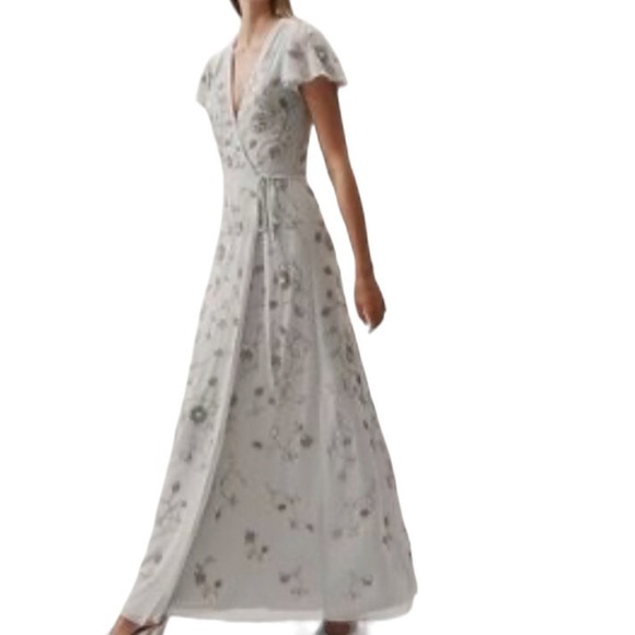 BHLDN Dresses & Skirts - BHLDN (Anthropologie) Plymouth Beaded Sequin Wrap‎ Dress Fog  Size 4
